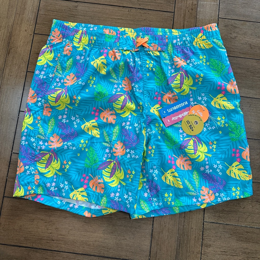Ruffle Butts Neon Tiki Vibes men’s swim trunks